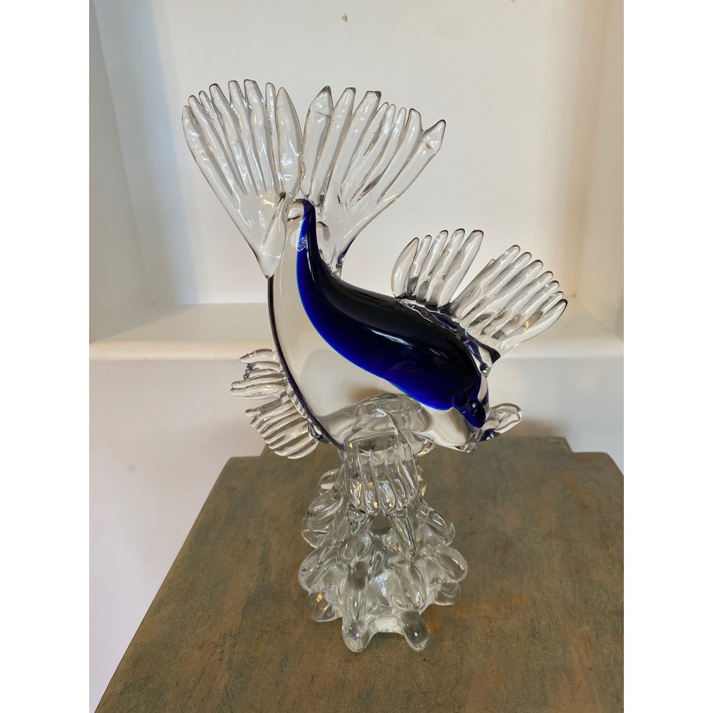 Hand Blown Art Glass Fish Sculpture Cobalt Blue Clear Coastal Ocean Decor
